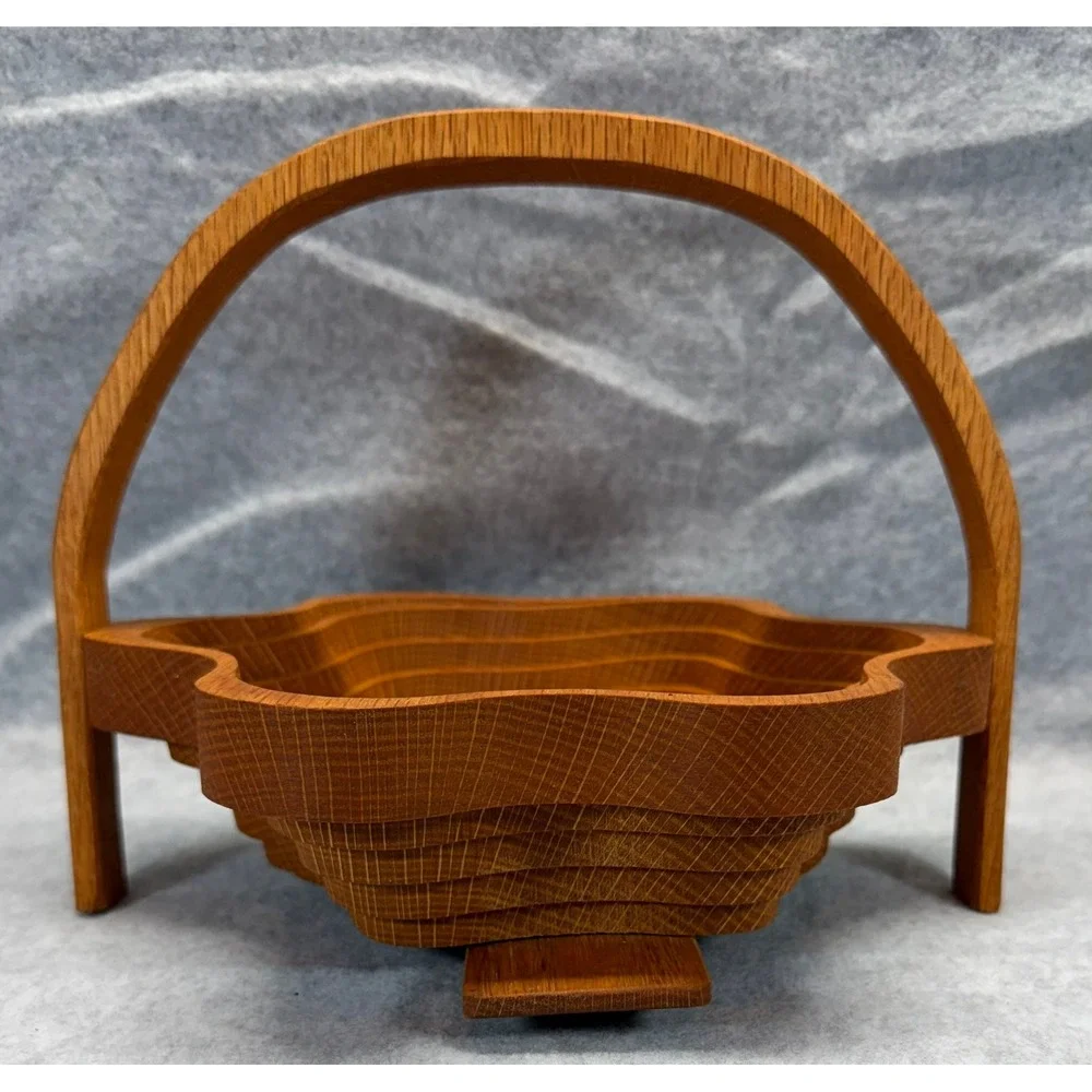 Handmade Collapsible Oak Wood Star Basket Folding Fruit Bowl Trivet Signed 2000